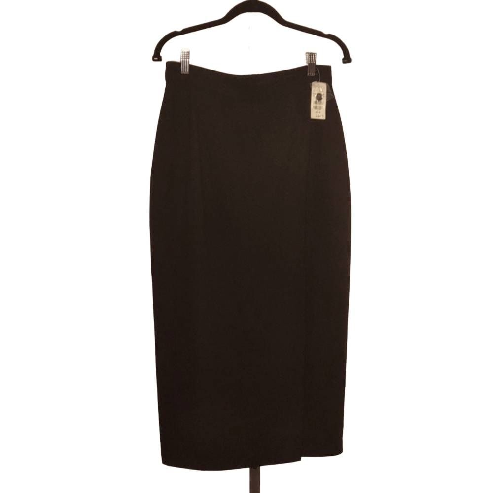 Express midi length fully lined black skirt with left front 18" slit. NWT